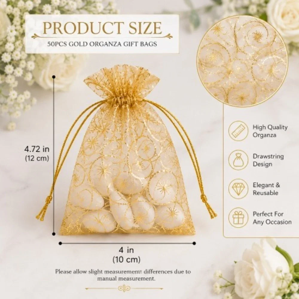 50PCS Gold Organza Gift Bags Drawstring Favor Bags Wedding Jewelry Party 4x4.7